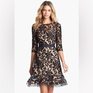 TADASHI SHOJI black lace Cocktail dress mesh belted fit and flare formal medium
